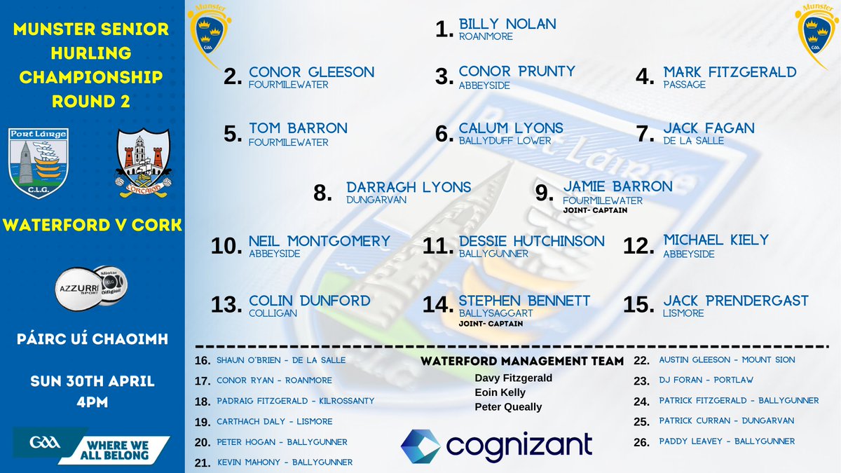 The Waterford Senior Hurling Team to play Cork in Sunday's Munster Championship has been announced! 
Best of luck to Manager Davy, the management team, Captain's Jamie &amp; Stephen and all the players.

📅 Sunday 🕚 4:00PM
📌Páirc Uí Chaoimh
🎫am.ticketmaster.com/gaa/munstershc