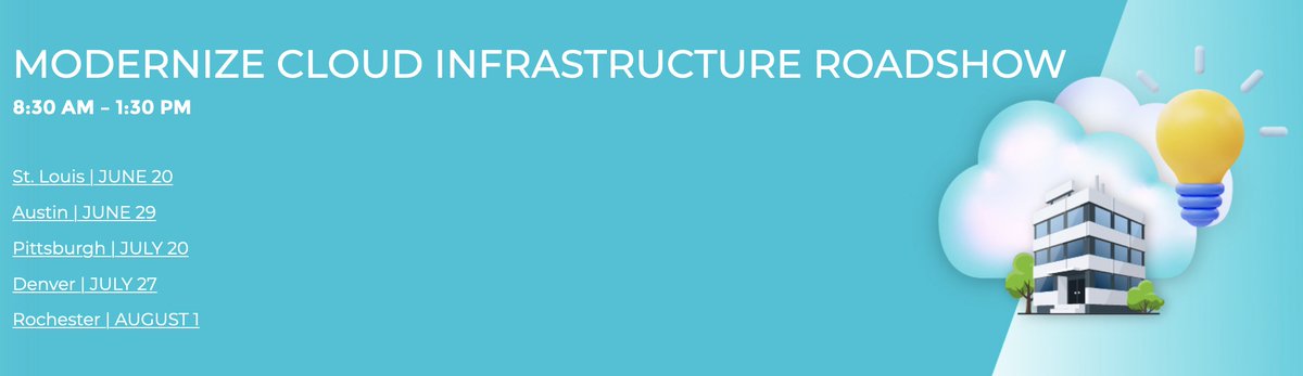 himanshuks's tweet photo. Get ready people! The Modernize Cloud Infrastructure Roadshow is coming to a city near you! First 5 cities are St. Louis, Austin, Pittsburgh, Denver, and Rochester. More to be added soon in North America and in Europe! More info & registration here - https://t.co/cvH9xuvCYo #MCIR https://t.co/ut9JN4zUPx