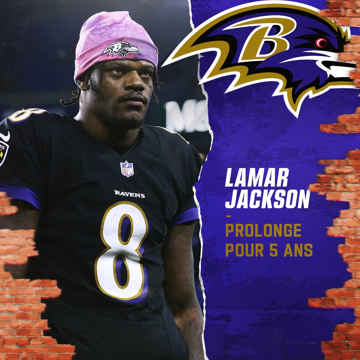 🚨 <a href="/Lj_era8/">Lamar Jackson</a> prolonge pour 5 ans avec les <a href="/Ravens/">Baltimore Ravens</a> et devient le joueur le mieux payé de l’histoire. [<a href="/RapSheet/">Ian Rapoport</a>]

Le Quarterback de 26 ans reste finalement à Baltimore ! #RavensFlock