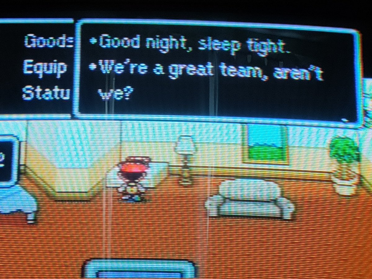 RecDTRH's tweet photo. If you choose to "end" after saving in earthbound (something old RPGs used to do), the game will lock up &amp; tell you to shut it off. But before that, Ness' Dad utters a very familiar line...

The fact that Ness' Dad IS the save/load of Earthbound only twists the knife deeper. https://t.co/CP0x2FRukO