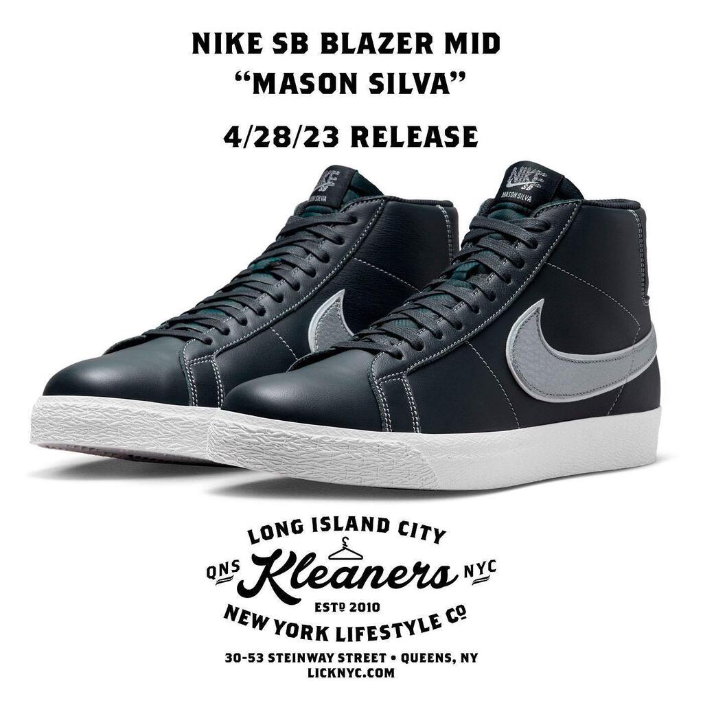 licknyc's tweet photo. Nike SB Blazer Mid “Mason Silva” • $110 • Sizes 7–13 
•
Available in-store when doors open at 11am on April 28, 2023. https://t.co/8R88jw6vkd https://t.co/ZR715oFaz0