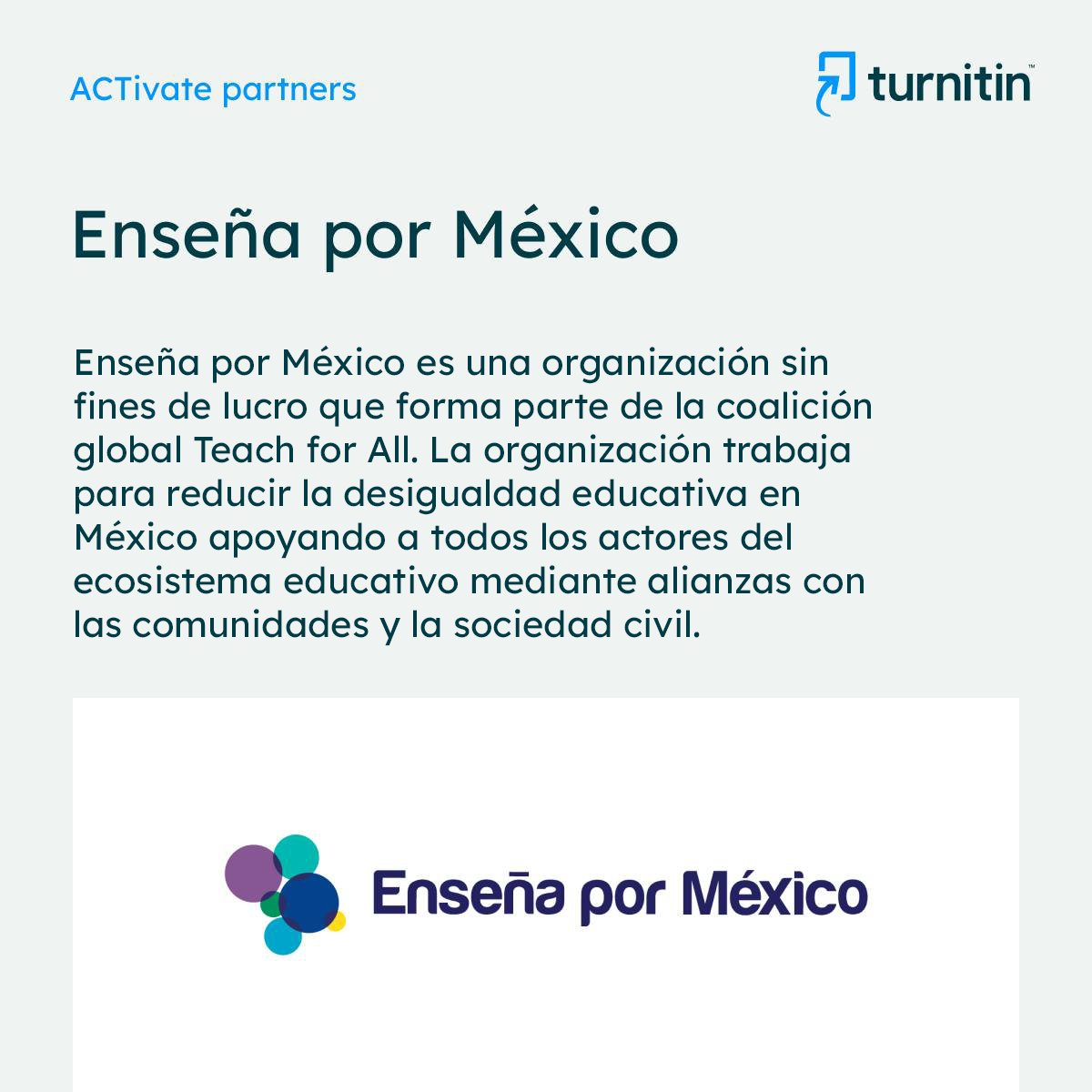 ¡Turnitin se une al movimiento de <a href="/EnsenaporMexico/">Enseña por México</a>  para acabar con la inequidad educativa del país! A través de un donativo y como aliados de la organización, Turnitin estará apoyando a 4 escuelas, impulsando la educación de más de 600 estudiantes. #Educación #Equidad #Turnitin