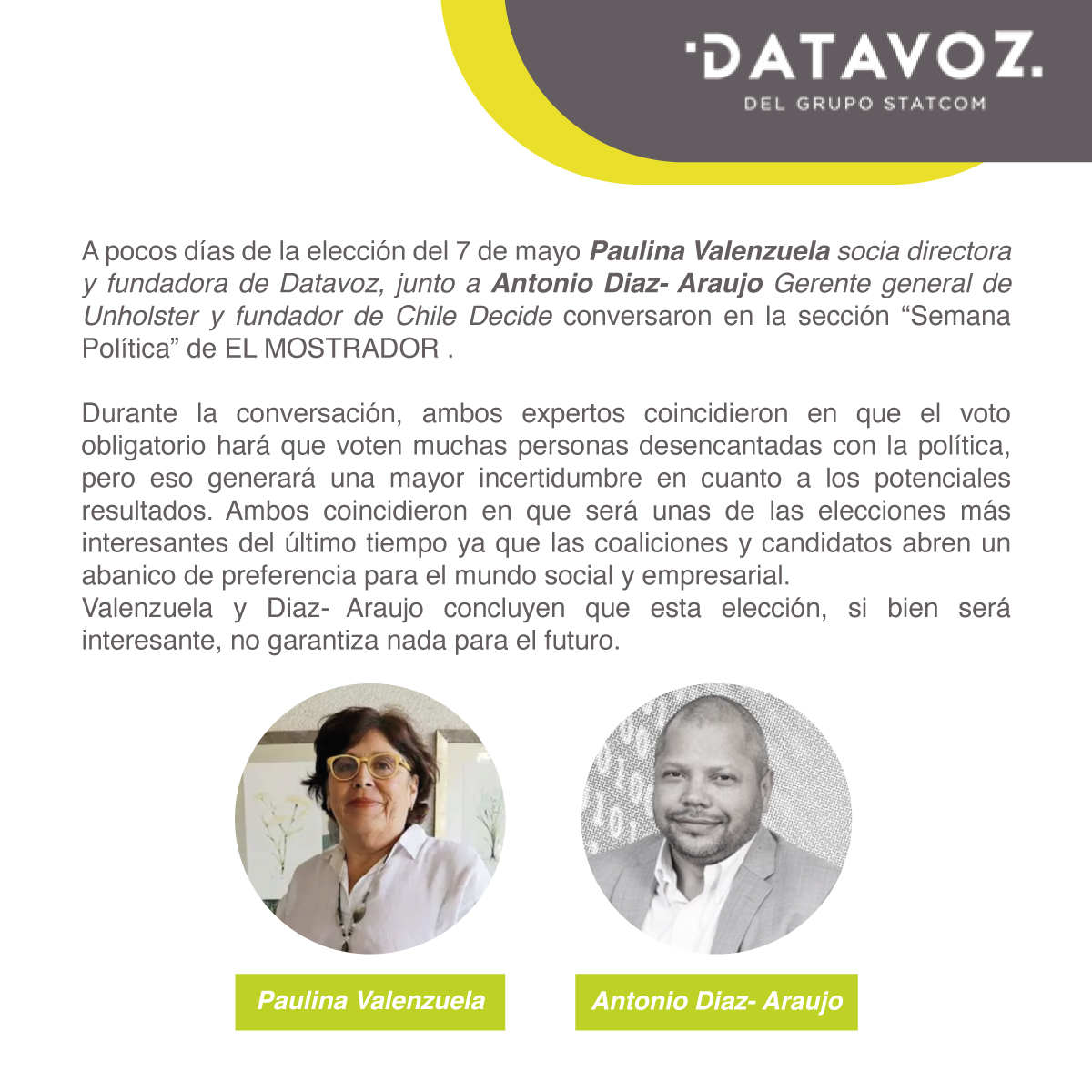 DatavozStatcom's tweet photo. A pocos días de la elección para consejeros constitucionales Paulina Valenzuela Socia fundadora de #Datavoz @pauvalen_a conversó con @Elmostrador para dar su opinión de sobre el panorama político al cual nos enfrentamos. #consejeroscontitucionales.
https://t.co/hrVEtRsaNE https://t.co/8LrqsrVojR