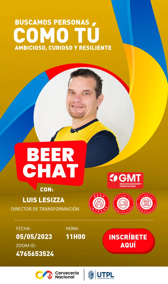 UTPLAlumni's tweet photo. .@VinculacionUtpl a través de @UTPLAlumni invitan a graduados de los 2️⃣ últimos años y estudiantes de @utpl a participar del programa de talentos de #CerveceríaNacional🍻 #BEERCHAT

🗓️ 5 de mayo 2023
🕐 11:00
🔴 Zoom ID: 4765653524

Inscríbete aquí 👇🏻
https://t.co/eNdJgRok3v https://t.co/I0R68tgG89