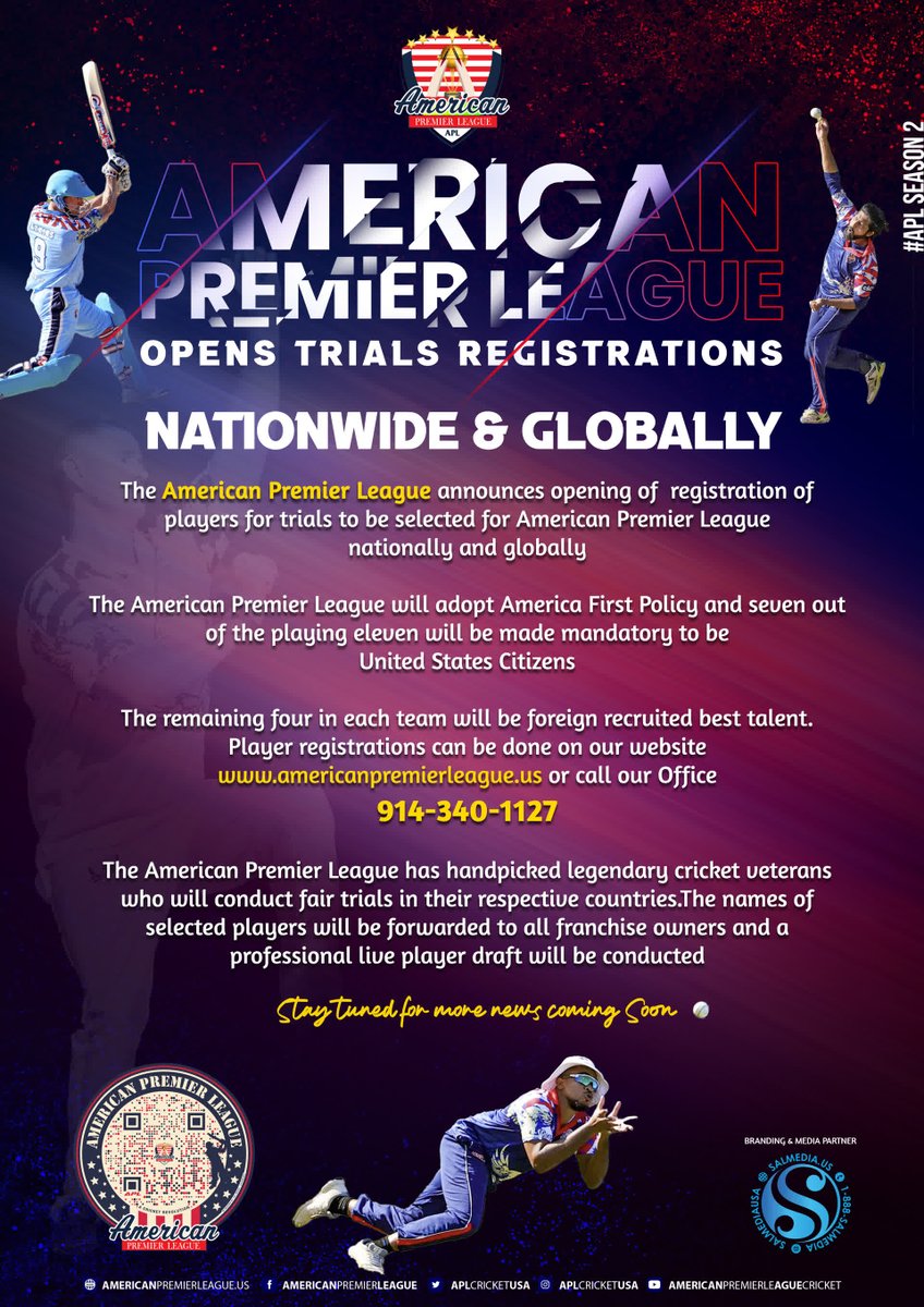 APLCRICKETUSA's tweet photo. Registrations are now open Nationwide and Globally.
Visit us: https://t.co/HewPMI7En6 and signup!!!

Branding &amp; Media Partner: @salmediausa 

#apl #registerations #usacricket #salmedia #salmediausa https://t.co/vQvrgINZNo