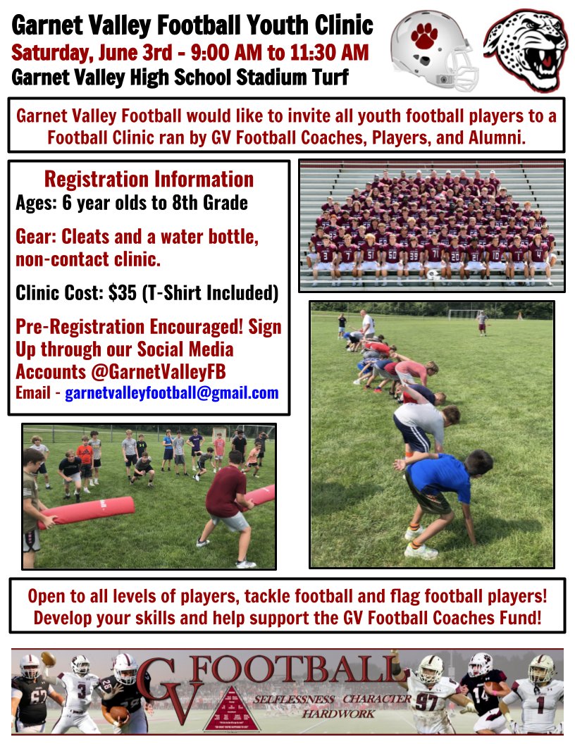 GarnetValleyFB's tweet photo. BIG NEWS!  Garnet Valley Football will be having a Youth Clinic on Saturday, June 3rd!  Registration open to 6 year old to current 8th graders!  9:00 AM to 11:30 AM on the GVHS Stadium Field!  Sign Up Today at https://t.co/yFXrhqIWdR https://t.co/aADhISes0E