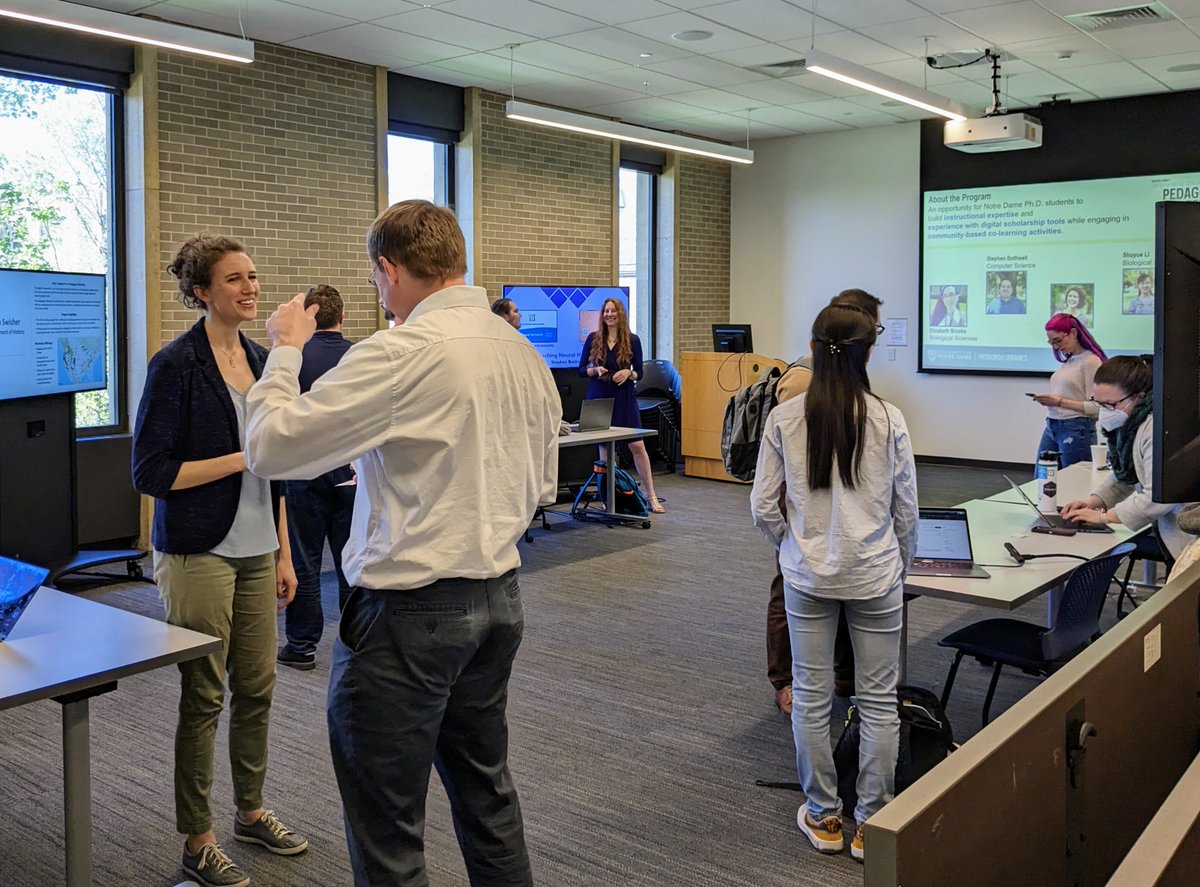 The 2022-23 <a href="/NavariFamilyCDS/">Navari Family Center for Digital Scholarship</a> Pedagogy Fellows shared their experiences teaching and learning together at an end-of-year poster session held at the Hesburgh Library. Congratulations to our fellows on a successful year! Learn more about the program: cds.library.nd.edu/nfcds-pedagogy…