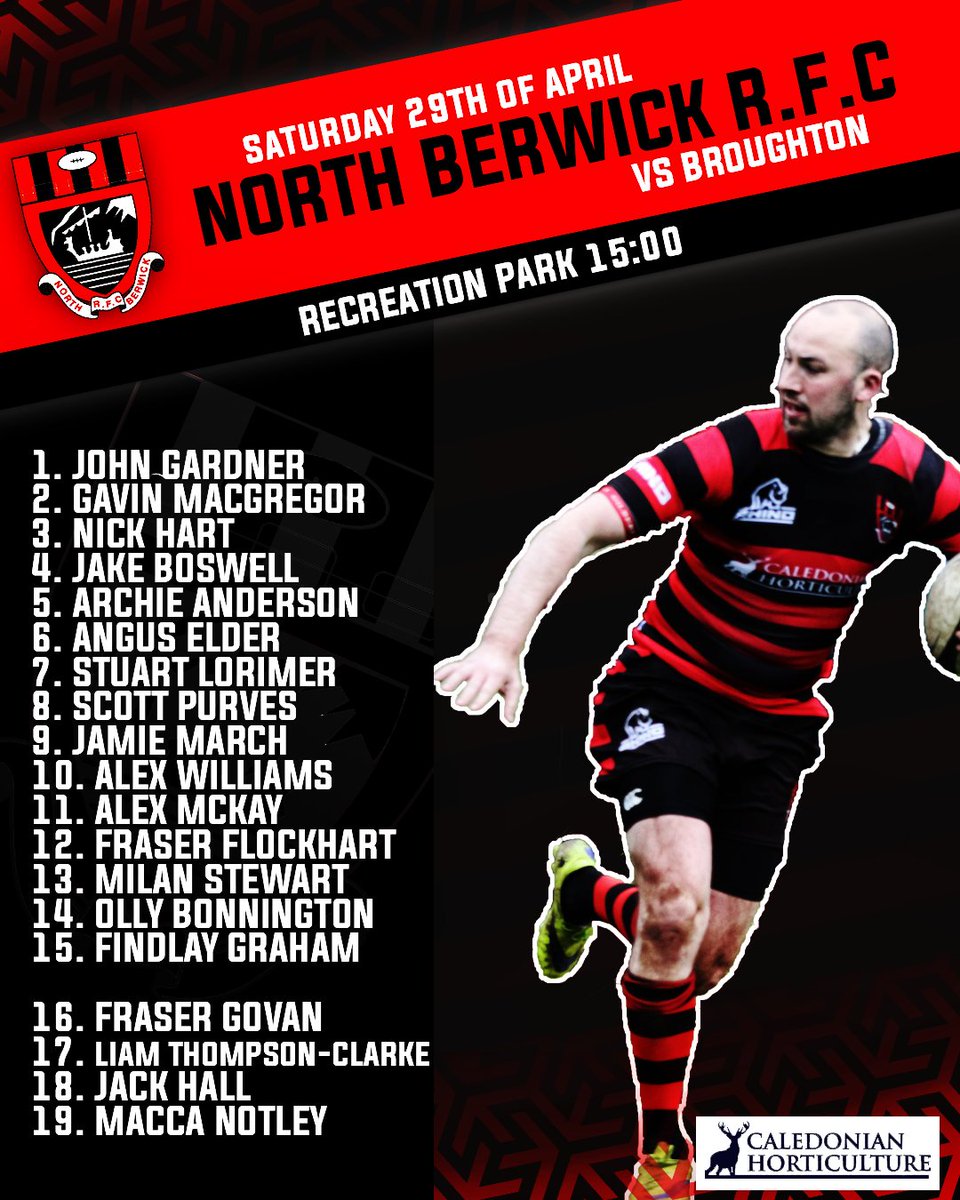 NorthBerwickRFC's tweet photo. 📢📢TEAM ANNOUNCEMENT!!!📢📢

Here is our squad for the final game of the season as we look to secure the East Division 1 title against @BroughtonRugby 

📌Saturday 29/04/23
📌3:00pm
📌Recreation Park.

Come down and support the team in the final hurdle of the season!! https://t.co/mIzrEZbbMa