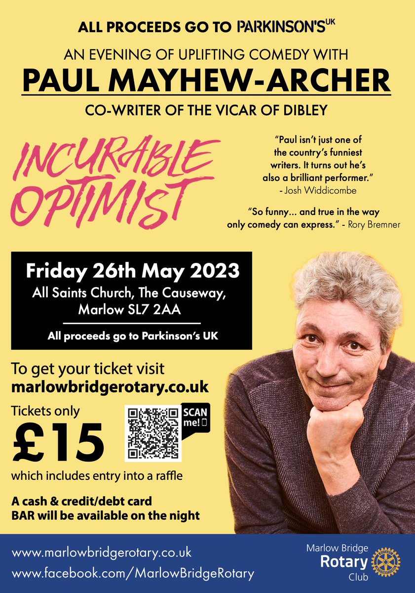 Come and enjoy an evening out in Marlow with Paul Mayhew-Archer. Combating his Parkinson's with comedy, its sure to be a great night <a href="/ACPIN_SC/">ACPIN South Central</a> <a href="/ACPIN_UK/">ACPIN</a> <a href="/MayhewArcher/">Paul Mayhew-Archer</a>