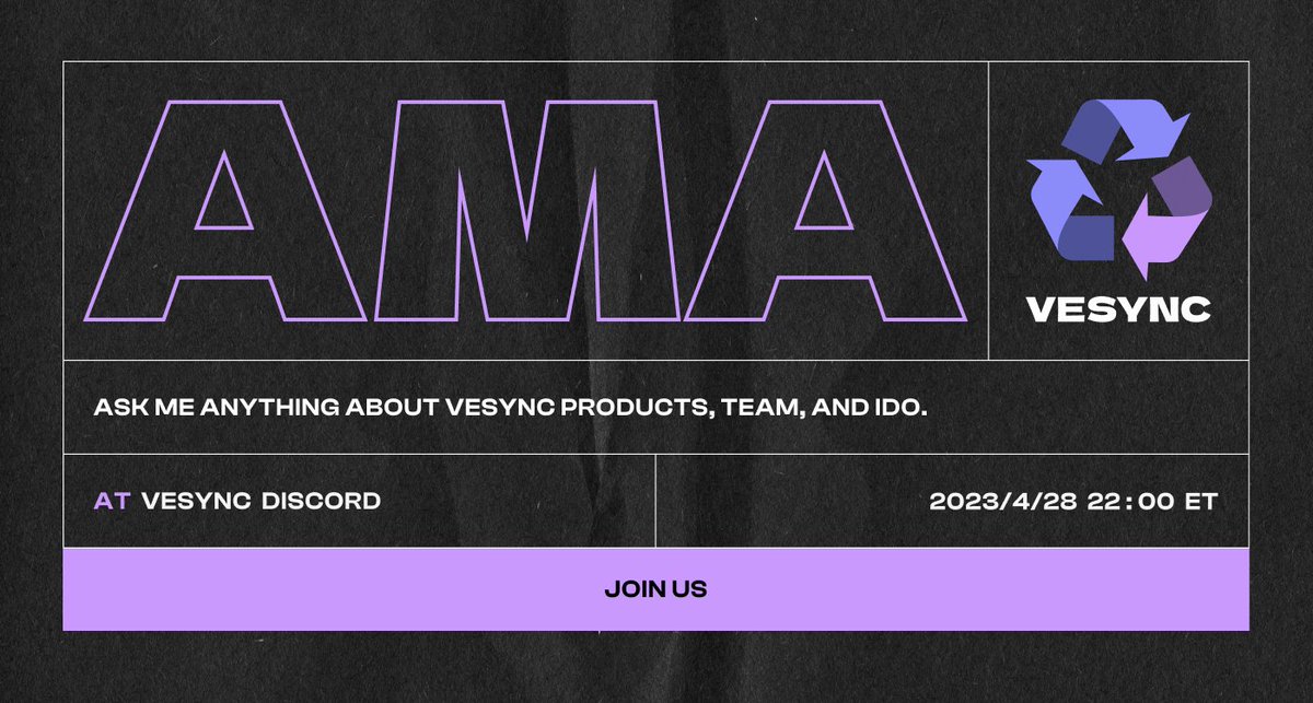 ♻️ Exciting news! Our first-ever community AMA campaign is on April 28, 2023, at 10:00 PM ET.  
 
Join us on Discord to ask us anything about veSync products, the team, IDO, and more
 
🐱 Don't miss your chance to win the <a href="/veSyncL2/">veSync | on zkSync Era</a> IDO whitelist!