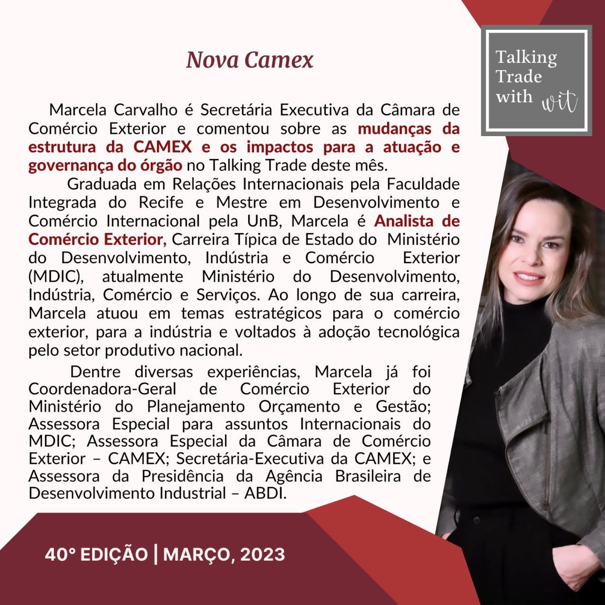 TALKING TRADE WITH WIT | 40° edição

As mudanças da estrutura da CAMEX e os impactos para a atuação e governança do órgão são tema da conversa entre o GT-Comex e <a href="/MarcelaSCarv/">Marcela Carvalho</a> 

A entrevista já está disponível em nosso site: womeninsidetrade.com/nova-camex-2/