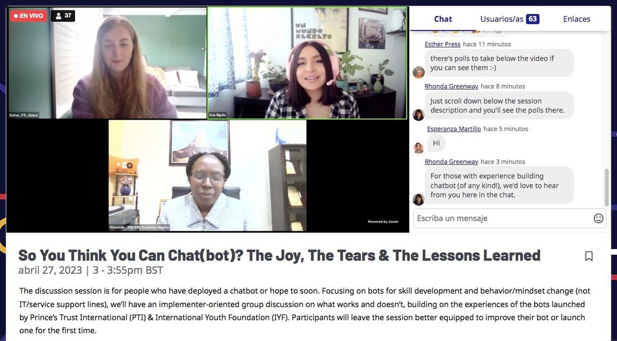 IYFtweets's tweet image. En el #DíaInternacionalDeLasNiñasEnLasTIC, celebramos el trabajo de Ana Sigala en #IYF y el #GDDF2023, en donde presentó su experiencia creando un chatbot que promueve la #IgualdadDeGénero y la #Inclusión en la elección de carrera. ¡Sigamos inspirando a que más mujeres jóvenes!