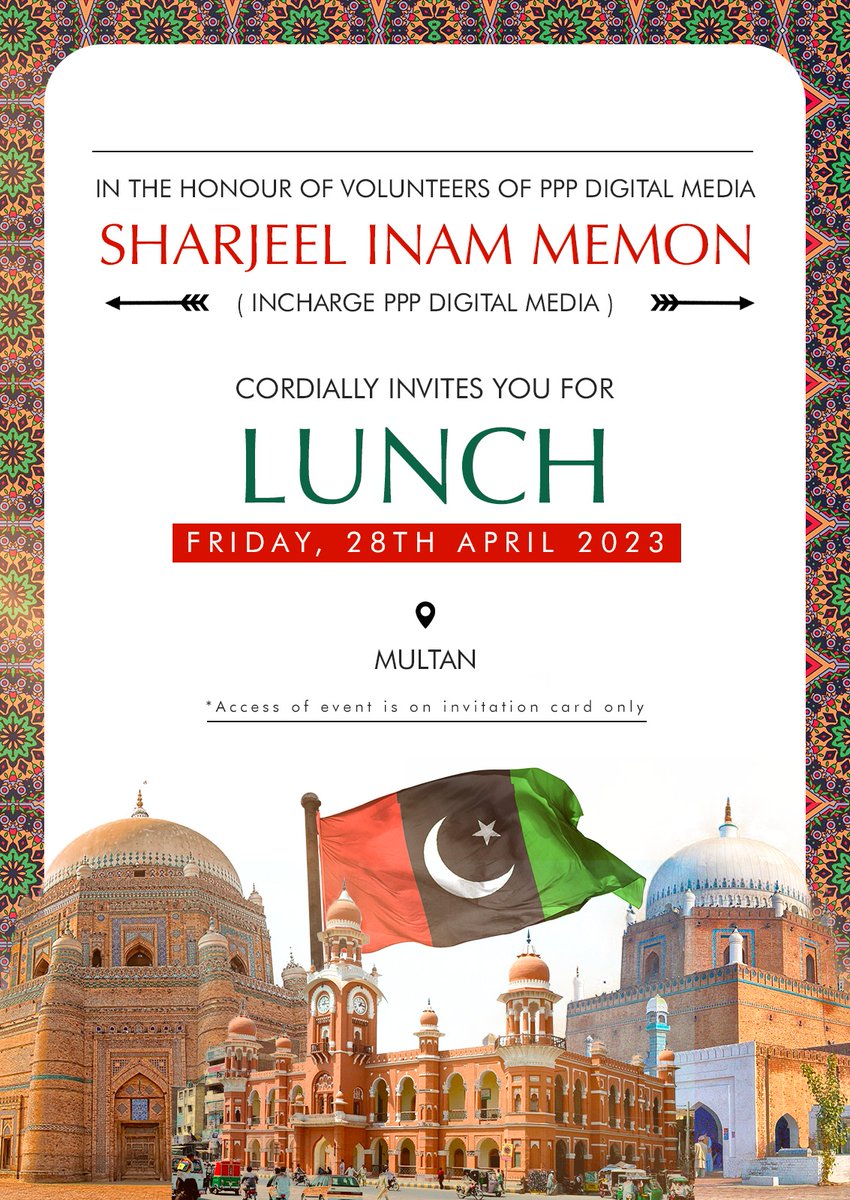 MaleehaManzoor's tweet photo. In-charge #PPPDigital @sharjeelinam is hosting a get-together in the honour of the volunteers of PPP from Saraiki Waseb. Our unsung heroes who selflessly defend the party on digital forums are cordially welcomed to join #PPPDigitalMultan event happening today on Friday. https://t.co/TZILJvlATH