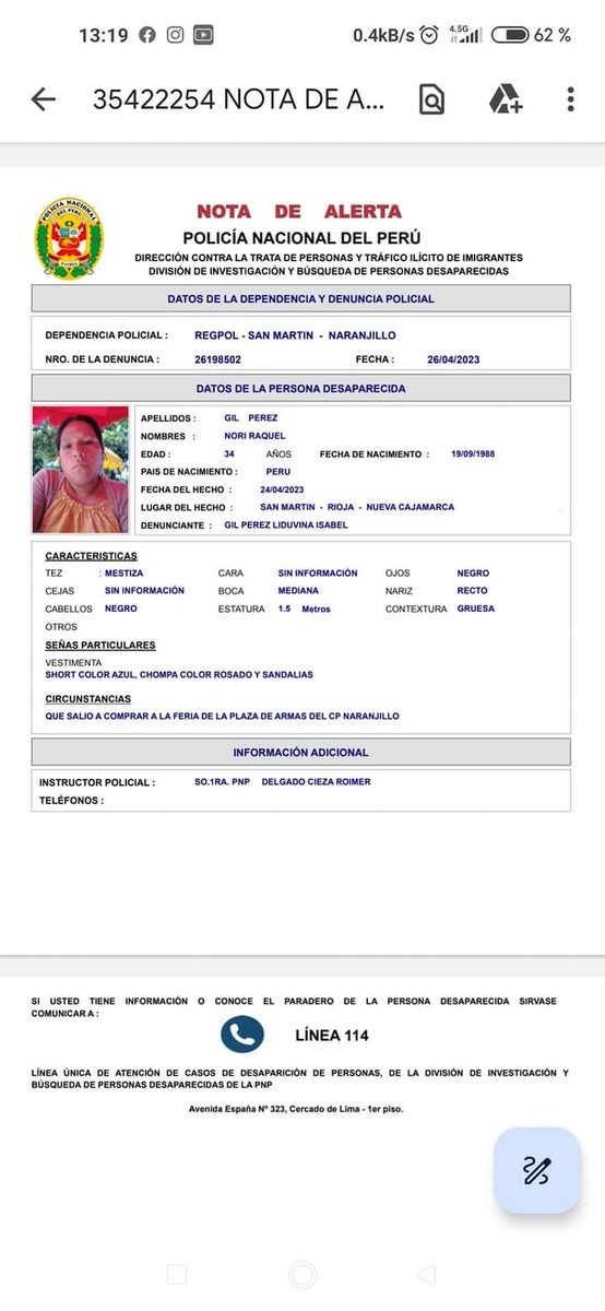 MuDesaparecidas's tweet photo. 🚨#NotaDeAlerta🚨
Nori Raquel Gil Perez (34), está reportada como desaparecida desde el 24/abril/2023, en #SanMartin.
Vestía short azul, chompa rosada y sandalias. En caso de tener información 📲 al 943920849, 948136293 o a la #Línea114.
Por favor, ayúdennos a encontrarla. https://t.co/70CmJcvhwP