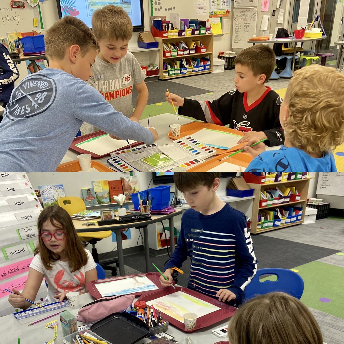 Today in <a href="/ELeducation/">EL Education</a>, students created a background/setting with watercolor paints to help them recount the fables we’ve been reading in class! 
💙🐸💙