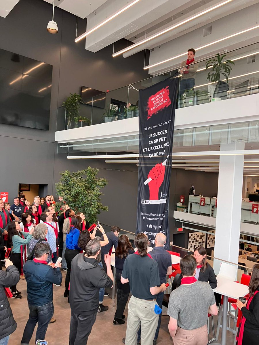 Comme travailleurs et travailleuses de l'information de La Presse, nous sommes fiers des 10 ans de La Presse+ et de ses succès. Mais notre contrat de travail est échu depuis le 31 décembre 2021. 
Le succès, ça se fête, mais l'excellence, ça se paie!