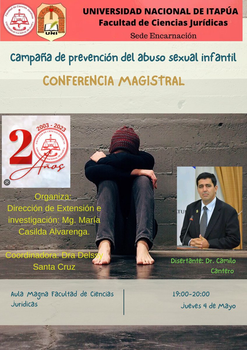 camilocantero's tweet photo. Charla Nro. 251. 

"Protocolo de atención para los casos de violencia y acoso escolar en instituciones educativas". 

Próximo jueves. Aula Magna. Derecho UNI. Encarnacion.

En Misiones hemos realizado varias charlas con similar tema.

Gracias totales. https://t.co/FSrXM0HIM5