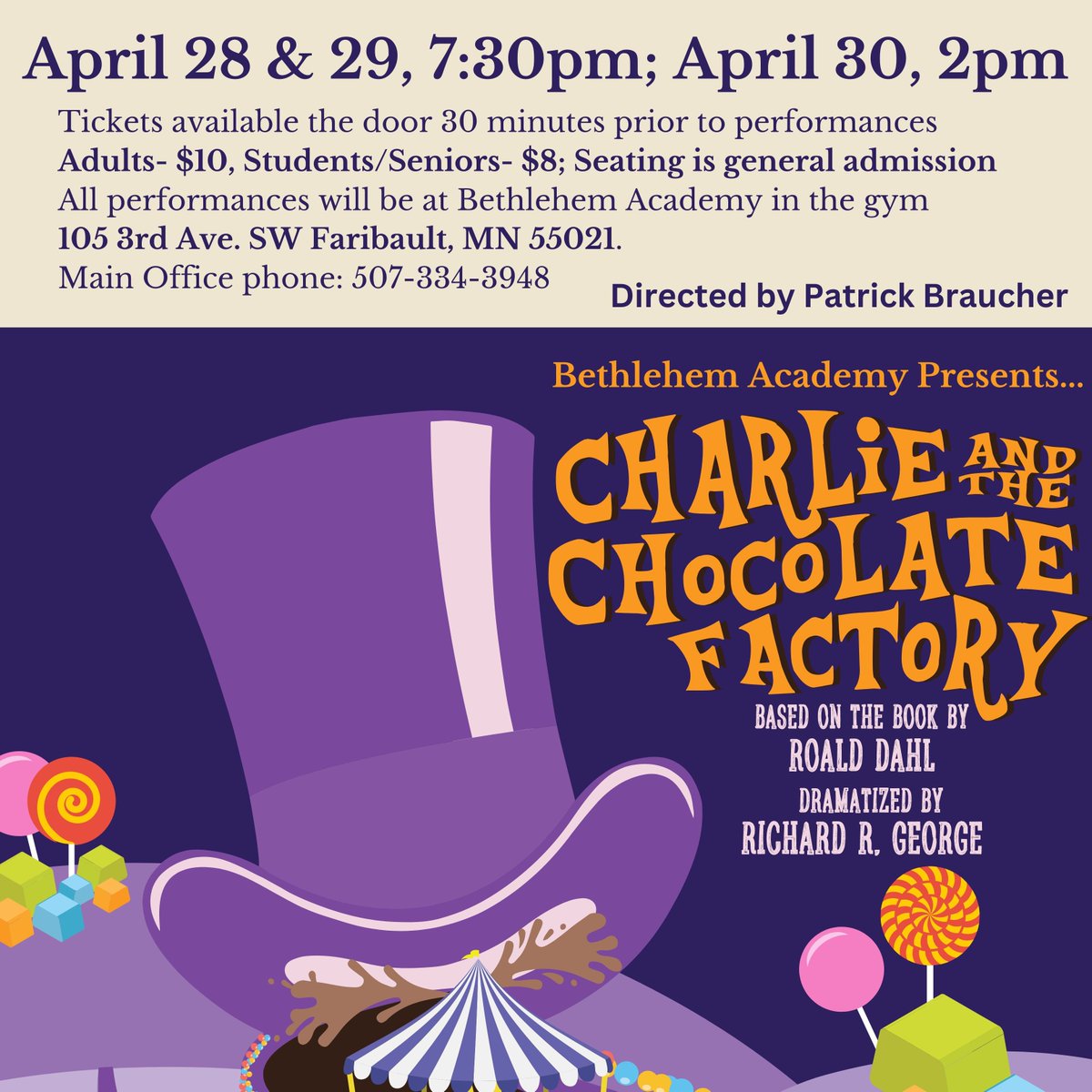 Save the date and join us this weekend for BA's production of Charlie and the Chocolate Factory! #CARDS #CardinalPride