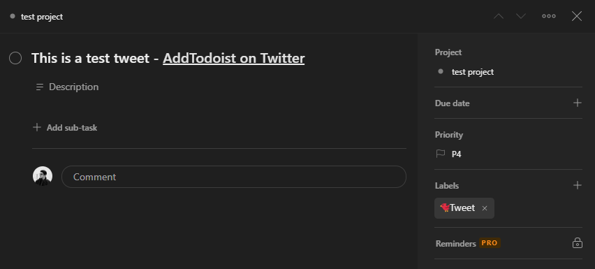 AddTodoist's tweet photo. @EliasNS @casassaez Hi Elías,

Yes, users were able to configure a default project and even labels to be added to the tasks.

The task was added with a preview of the tweet content and a link to it. https://t.co/NFMo7Zpi98