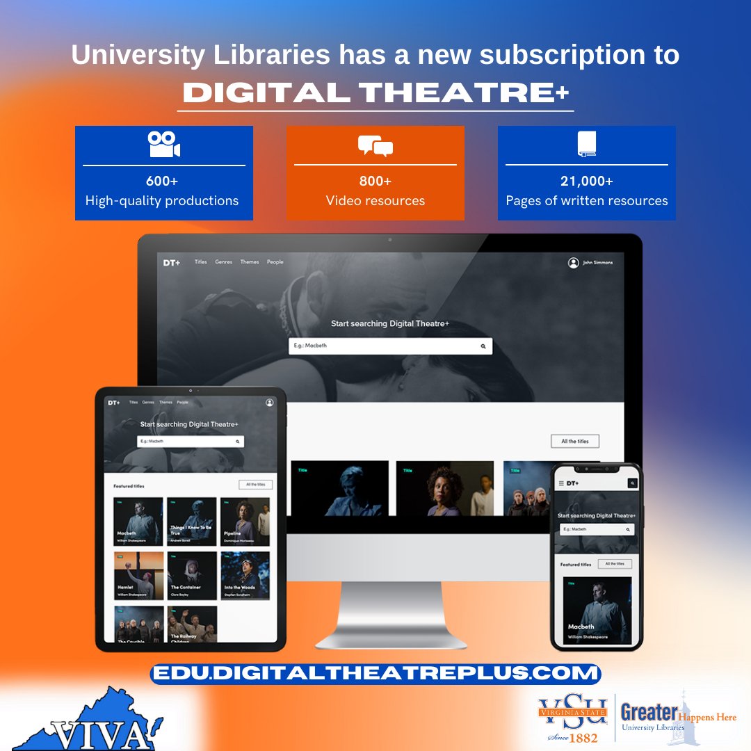 vsulibraries's tweet image. 📢📢📢 NEW DATABASES ARE AVAILABLE!!!
Check out the database Digital Theatre +: edu.digitaltheatreplus.com
#databases #vsulibraries #librarydatabases #springtime #vsulibraries #VSU #VirginiaStateUniversity #GreaterHappensHere