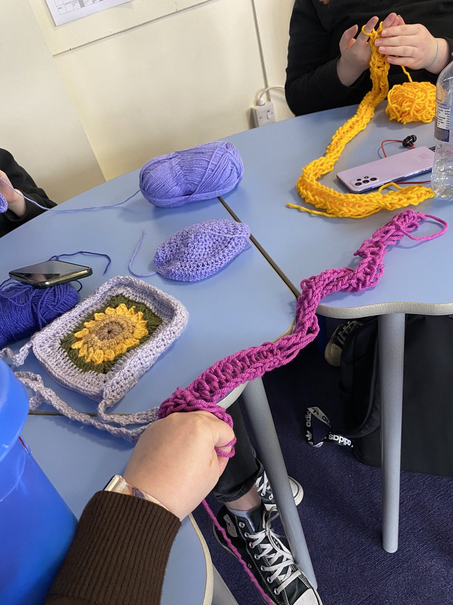 StMWellbeingHub's tweet photo. Crochet and finger knitting in the hub today. Ms Howell needs some practice 🫣 https://t.co/9CWOtyoBXf