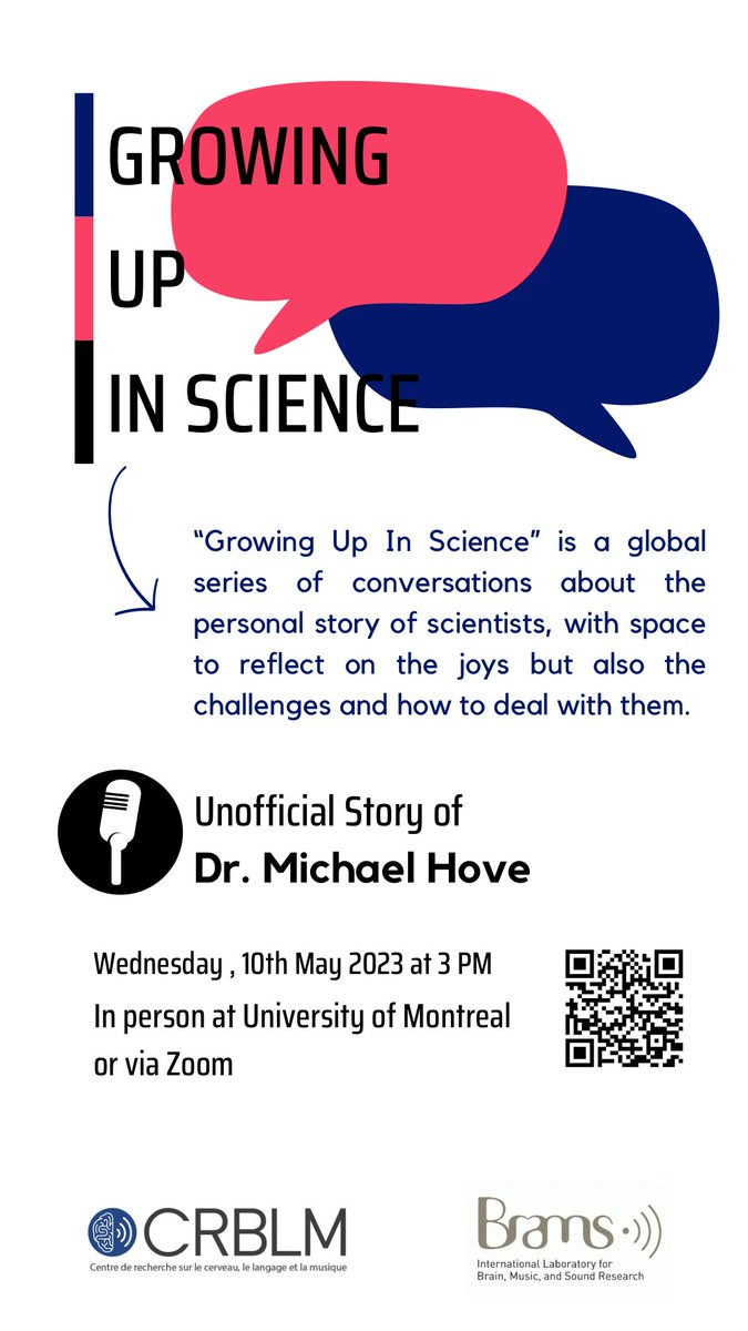 BRAMS_Montreal's tweet photo. The next conversation in the #GrowingUpInScience (Montreal chapter) series is with Dr. Michael Hove from @Fitchburg_State! 

May 10, 3pm (EDT) 
On Zoom or in-person @UMontreal  
For more information/registration: https://t.co/B5rwRaWtIN https://t.co/TK9Jo6L8Yl