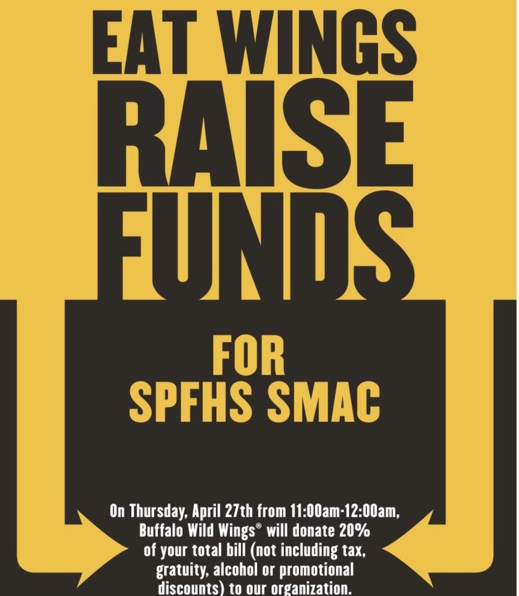SupportSmac's tweet photo. Eat #WINGS! Raise funds for @smac_spfhs! 

Pop over to  Buffalo Wild Wings in Linden today and 20% of your bill will be donated 🤑

✌️out cancer! https://t.co/FcEqlGXorP