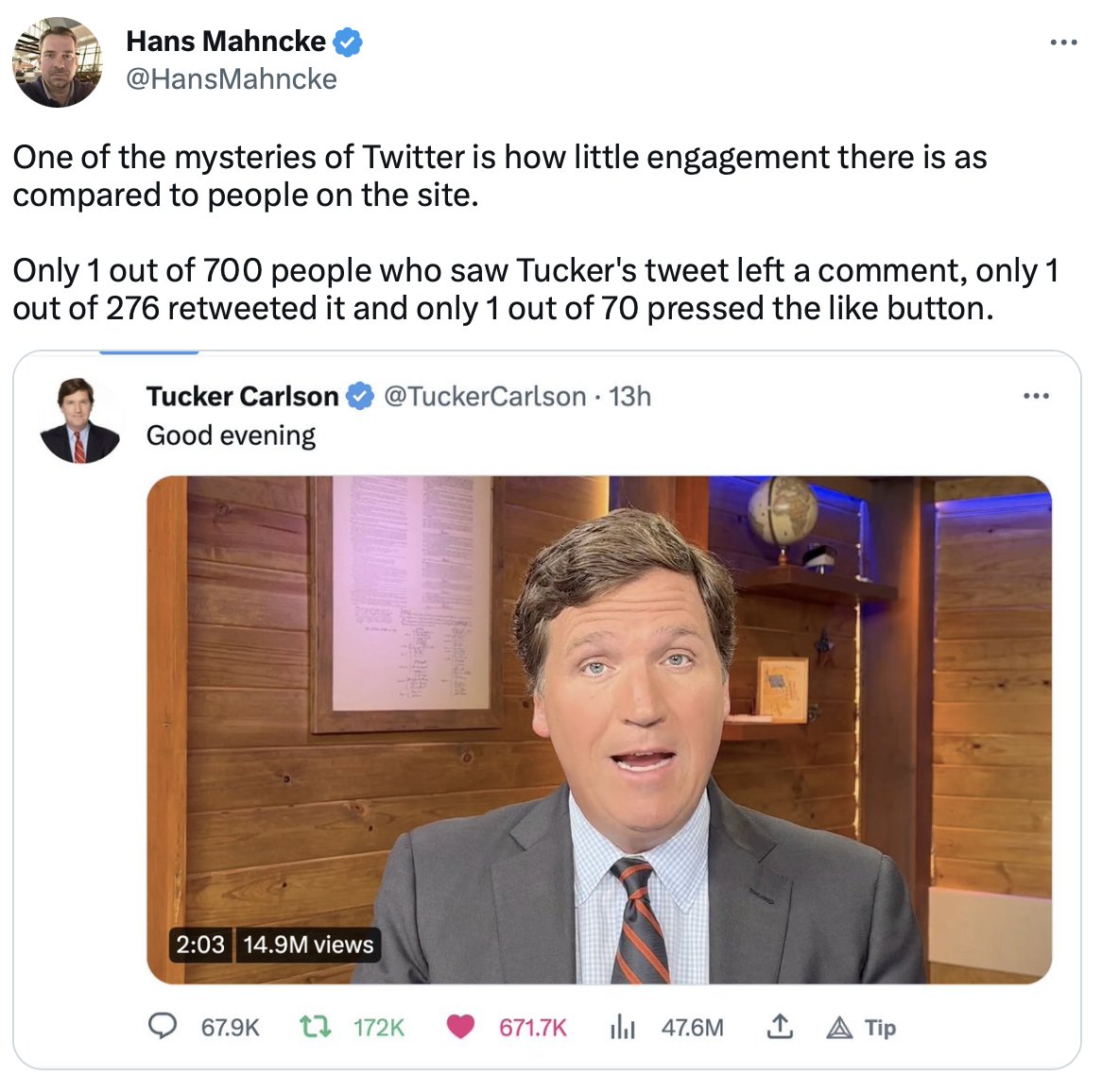 ianmiles's tweet photo. Tucker Carlson's tweet offers a great sample size for Twitter engagement behavior.
1 out of 700 people will post a reply, but 1 out of 70 will like your tweet. Almost 3 times as many people will share your views to their own audience than give you their two cents.
The lesson to be learned from this is that you should not have your opinion swayed by the replies, much less the trolls in your comment section, who will undoubtedly make up a not insignificant percentage of the replies you receive especially if you're an influencer, public figure, or political personality.
If you're getting tons of replies from a group of people belonging to any particular ideology whom you've criticized, you're probably over the target.
Stay the course and be true to your own message.