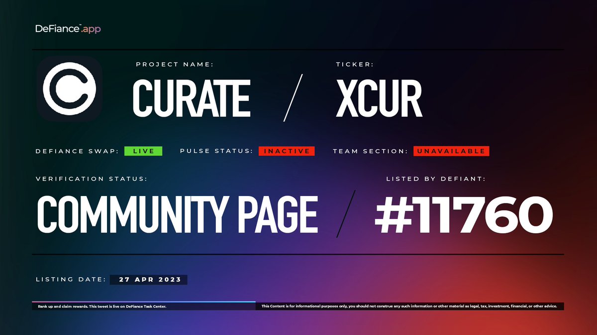 <a href="/curateproject/">$XCUR</a>. community page is now live on DeFiance.app/project/Curate.

$XCUR is now listed on #DeFianceSwap.

Curate is the world's first gasless crosschain multichain NFT marketplace. 

Learn more at users.DeFiance.app.
#Curate #NFTs #DeFianceApp