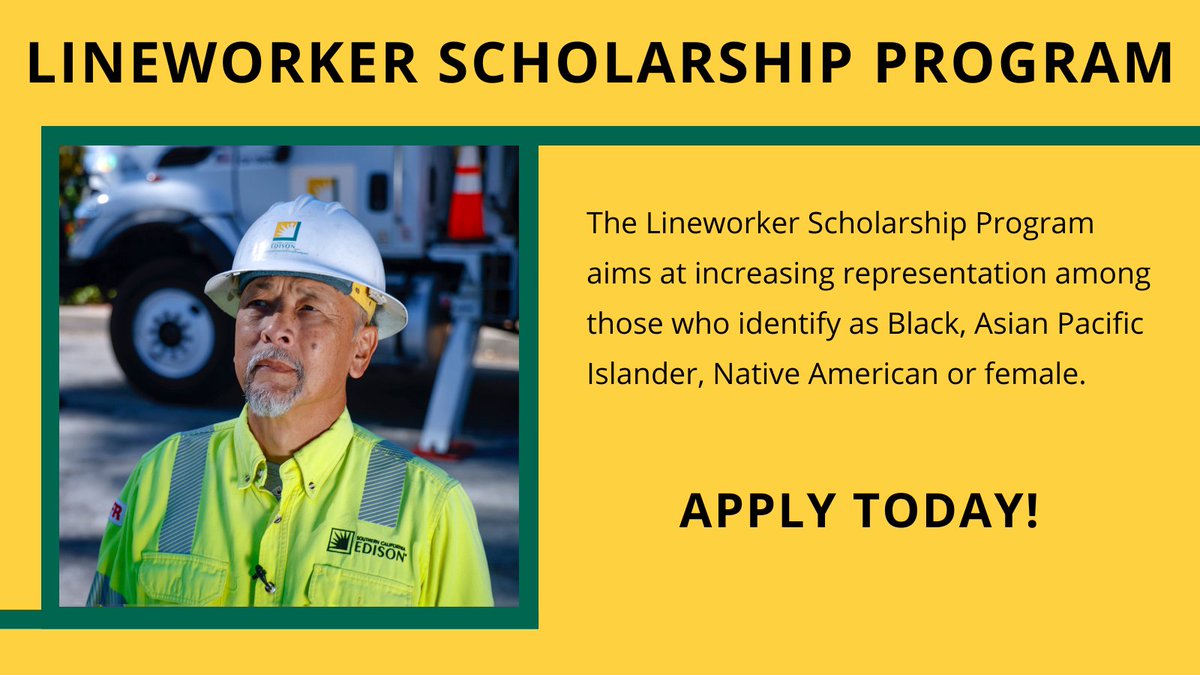 Hurry, the deadline for <a href="/edisonintl/">Edison International</a>'s Lineworker Scholarship applications close May 5th. Apply or learn more about the scholarship, here. on.edison.com/3yds75e
