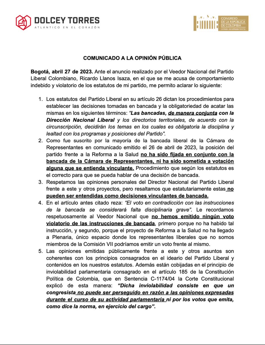 dolceytorresr's tweet photo. 🚨¡Atención!: Actuamos guiados por nuestros principios y de acuerdo a la ley y los estatutos del @PartidoLiberal Ante el anuncio del Veedor Nacional del partido que acusa comportamiento indebido de nuestra parte, aclaramos: 👇 https://t.co/Aocqt5wdCh