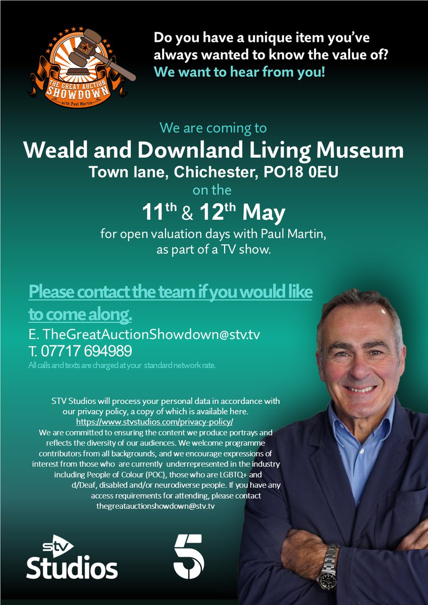 STV Studios and Paul Martin are looking for people to attend our free valuation days @WealddownMuseum for our series, The Great Auction Showdown on the 11th & 12th May. Get in touch if you would like to attend. E. TheGreatAuctionShowdown@stv.tv T. 07717 694989