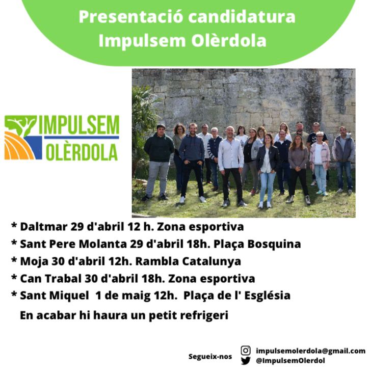ImpulsemOlerdol's tweet photo. Això ja comença, Impulsem Olèrdola està a punt 👏. Preneu nota i us esperem 📝.
En acabar hi haurà un petit refrigeri🥂
#impulsemolerdola #olerdola #municipi #eleccions #municipals #santmiqueldolèrdola #moja #santperemolanta #cantrabal #daltmar #viladellops https://t.co/pjlgKlcNiL