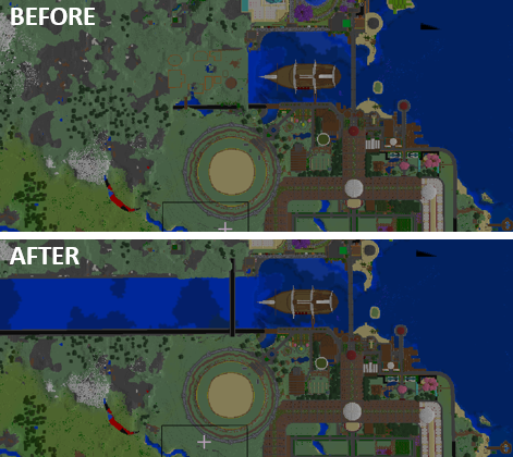 RevivalMCSR's tweet photo. A lot has changed on the realm recently! Take a look at this before/after photo of the world map. The Spawn-White House Canal is still a work in progress but it is already looking epic! https://t.co/A4GKuBysSu