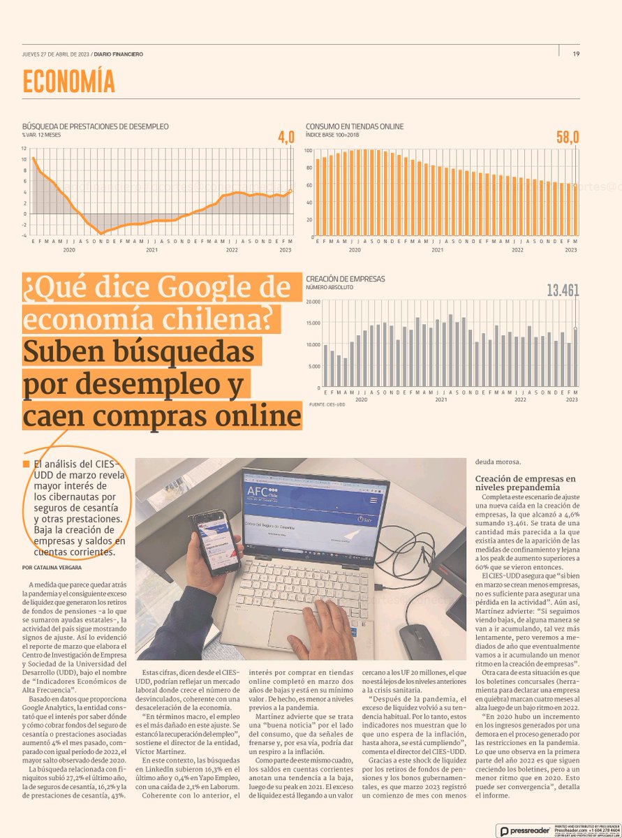 negociosUDD's tweet photo. 📈Índice | Según indicador #CIESUDD publicado hoy en el @DFinanciero: "¿Qué dice Google de economía chilena? Suben búsquedas por desempleo y caen compras online"
📥https://t.co/XolH2JGRHn https://t.co/dvaNrNtQCB