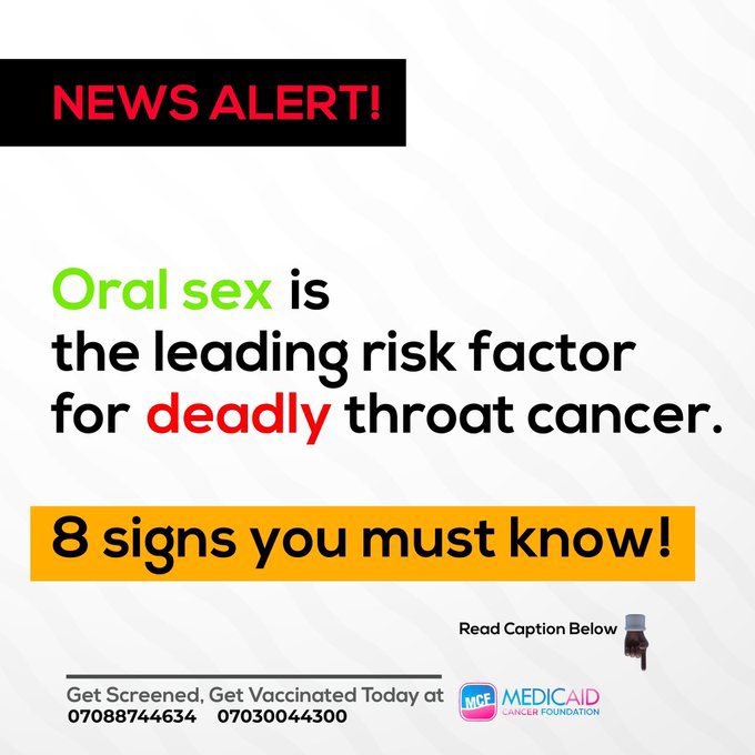 #HealthAlert🚨: Oral sex is now the main cause of #ThroatCancer

People who have multiple sexual partners and indulge in Oral Sex are at greater risk of developing Oropharyngeal/Throat Cancer. 

8 possible symptoms of Oropharyngeal Cancer you should look out for;

1. Ulcers that…