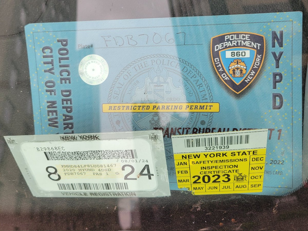 This car was parked illegally in a No Stopping zone. It has a thoroughly defaced @nysdmv license plate. And because it was displaying an expired @NYPDTransit placard that the dirty Integrity Control Officer did not collect, they were able to enjoy their #PlacardCorruption.