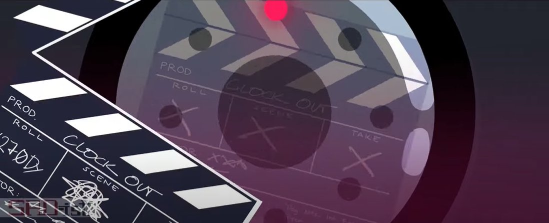 PinchofPeppers's tweet photo. Frames that I think are Really Important pt. 1. 
Pink-eye Stanley is flashed a second time after Stanley already opens the door.  This color matches the camera lens light, which wasn't pink in the previous eps. The camera lens is also overlayed over the clapper board and clock. https://t.co/6Qkz0AceNl