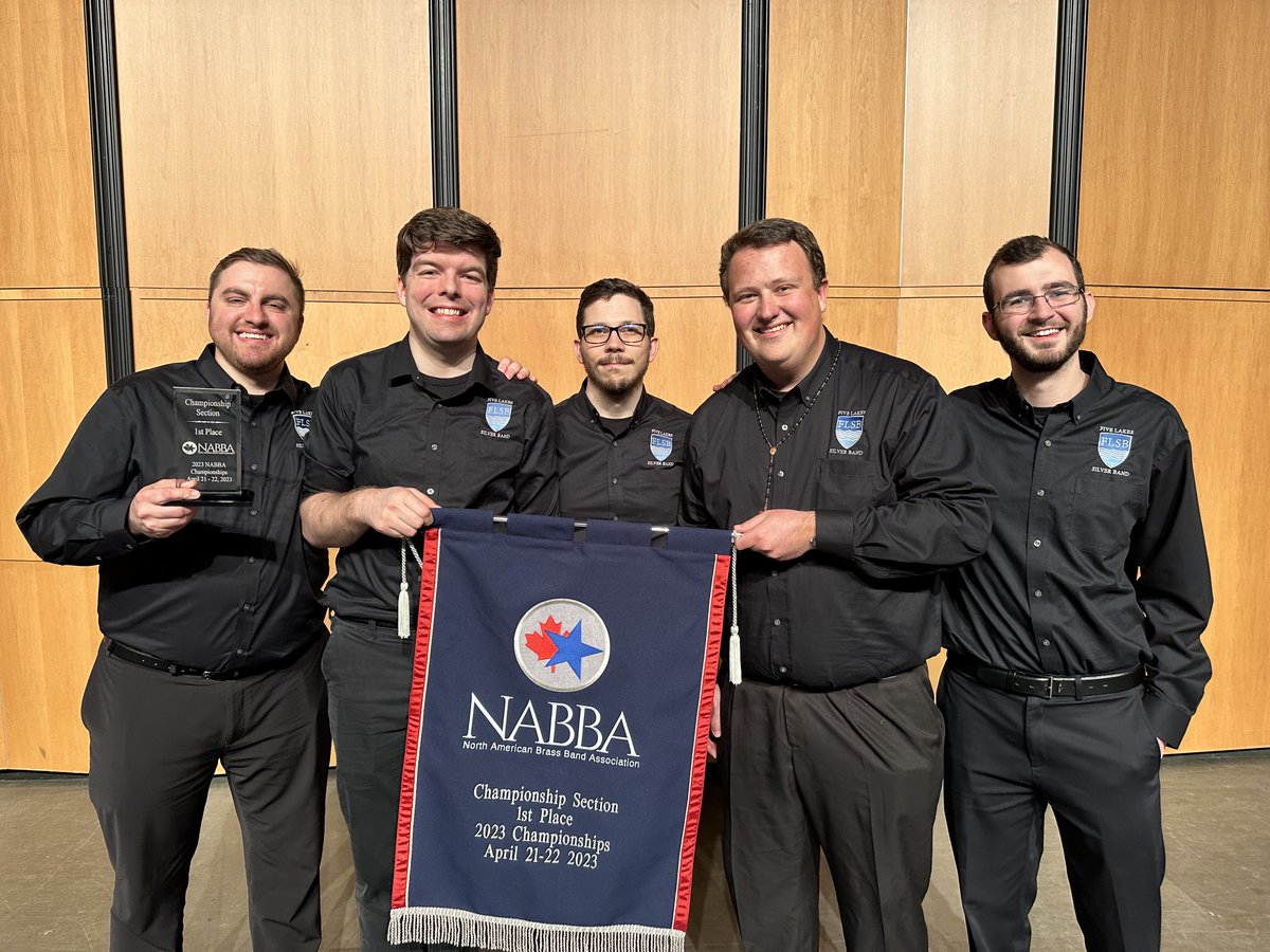This past weekend <a href="/oaklandu/">Oakland University</a> alumni — Scott Brickner, Andrew Cicchelli, Dan Head, Dallas Long and Scott Voytush — won first place in the championship section with the Five Lakes Silver Band at the North American Brass Band Association (NABBA) Championships! bit.ly/3AvBrmp