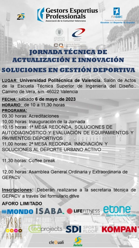📌Jornada técnica sobre actualización e innovación. Soluciones en gestión deportiva
Organiza <a href="/gepacv/">GEPACV</a> 
6 de mayo 10:00h 
Univ. Politécnica Valencia
Más info: gepacv.org/jornada-tecnic…

 #Gestióndeportiva #Deporte #ActividadFísica #EducaciónFísica #profesionesdeldeporte #GEDAAragón