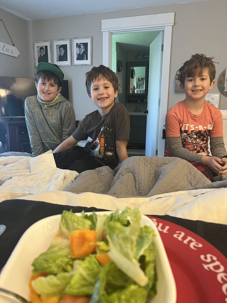 lazerhawk05's tweet photo. Today is my wife and I 15 year anniversary. So I was lying in bed and my kids came in with an envelope with a card and tickets. They made me breakfast in bed! 

1 ticket for salad
1 ticket for outside (I’m not sure what this means yet) 😂 https://t.co/C5r1aiqrOE