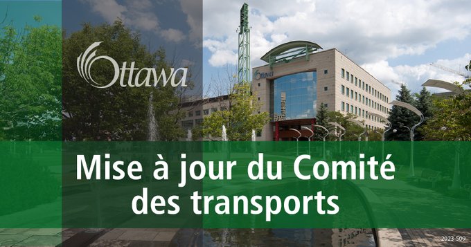 Illustration sur laquelle on aperçoit l’hôtel de ville d’Ottawa à l’arrière-plan. Au premier plan figurent un trait gris vertical et un trait vert foncé horizontal. L’inscription « Mise à jour du Comité des transports » est au centre.