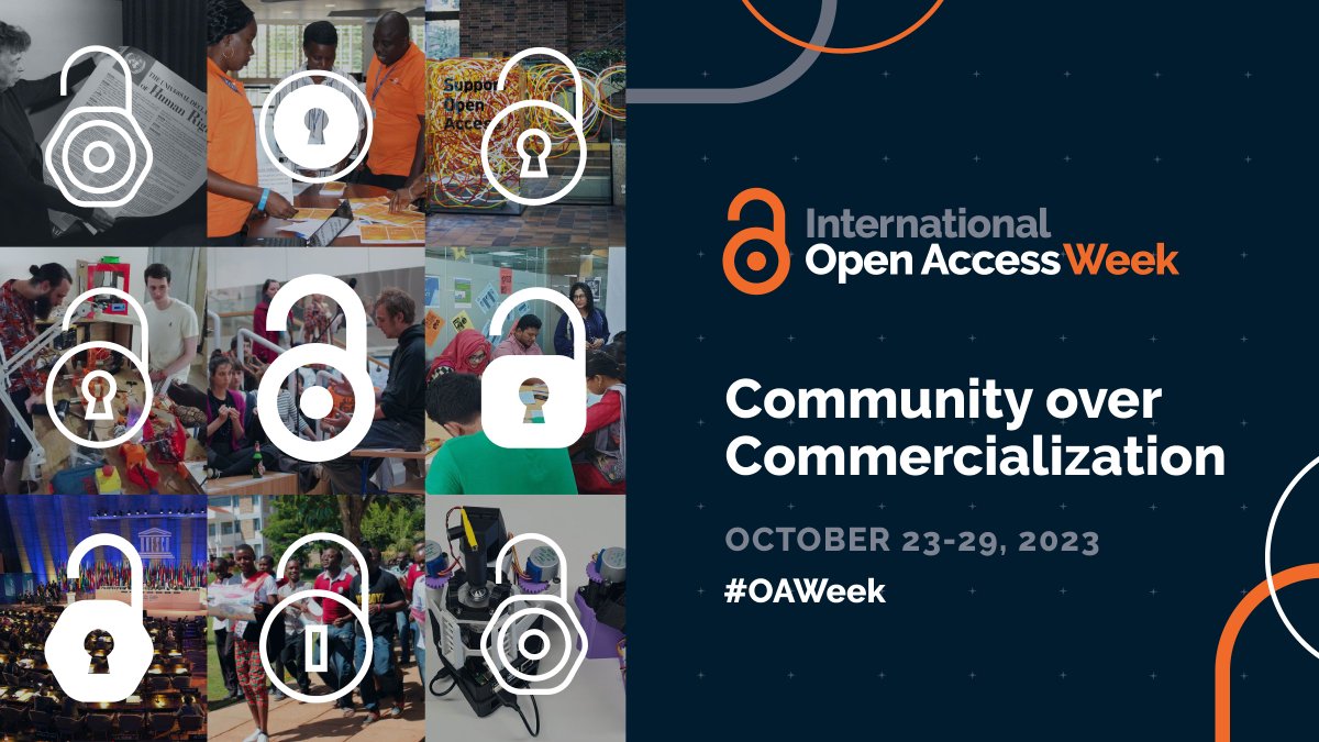 SPARC_NA's tweet photo. “Community over Commercialization” is the theme for #OAWeek 2023

This year’s theme seeks to encourage a candid conversation about which approaches to open scholarship prioritize the best interests of the public and the academic community—and which do not. https://t.co/YtwRS9FZTs https://t.co/OzGvC02lCD