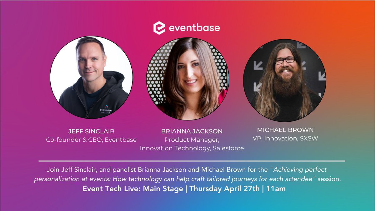 EventbaseTech's tweet image. Make sure to join @j3ffsinclair and panelist Brianna Jackson and Michael Brown for the "Achieving perfect personalization at events: How technology can help craft tailored journeys for each attendee" session TODAY at @eventtechlive Las Vegas on the Main Stage @ 11 am #EventTech