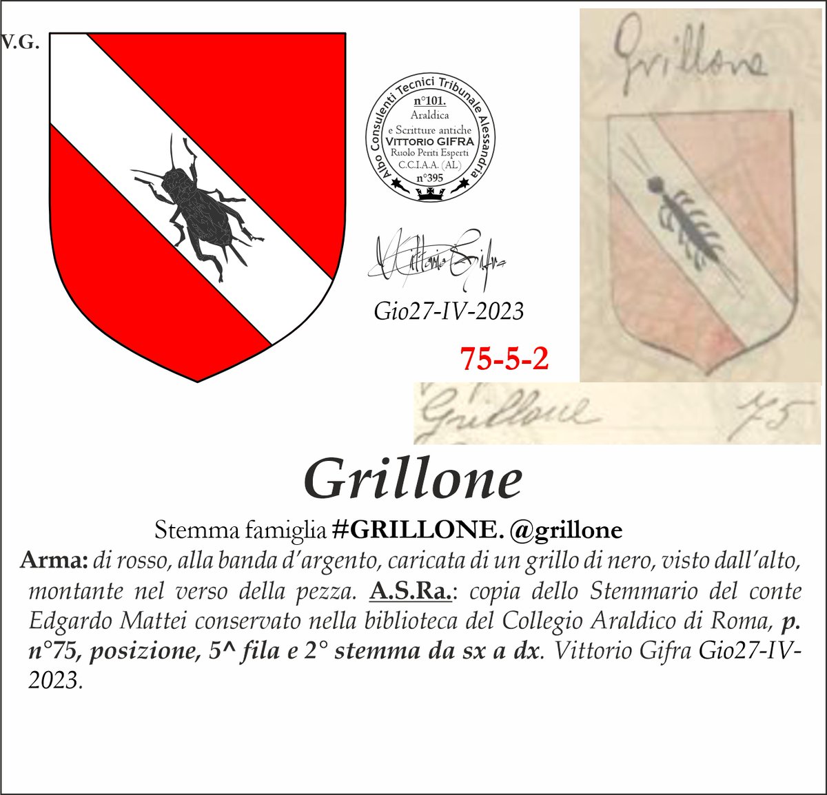 VGIFRA's tweet photo. Stemma famiglia #GRILLONE. @grillone
A.S.Ra.: copia dello Stemmario del conte Edgardo Mattei conservato nella biblioteca del Collegio Araldico di Roma, p. n°75, posizione, 5^ fila e 2° stemma da sx a dx. Vittorio Gifra Gio27-IV-2023. https://t.co/SrkFoMwuKO