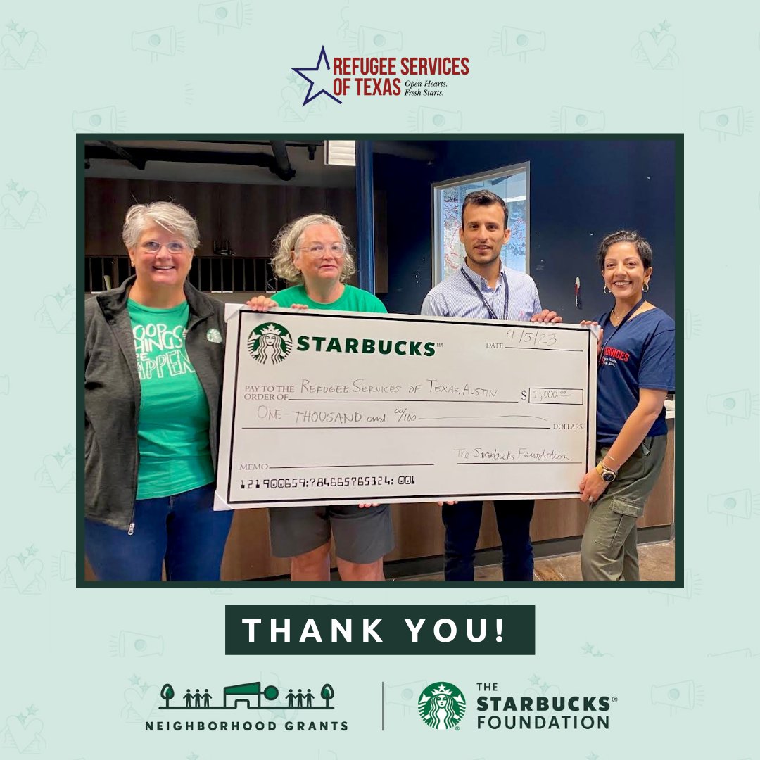 Thank you to <a href="/starbucksprtnrs/">Starbucks Partners</a> for nominating RST-Austin and presenting us with #TheStarbucksFoundation’s Neighborhood Grant! 

Funds from this donation will help our new arrivals during the resettlement process and cover essentials like household goods, clothing, food, and more.