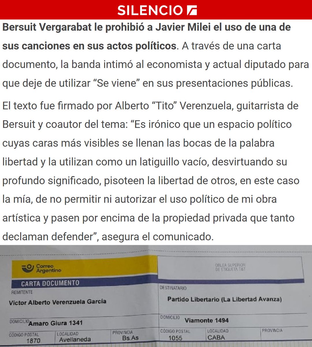 porquetendencia's tweet image. "La Bersuit":
Porque intimó a Javier Milei para que deje de utilizar su canción #SeViene