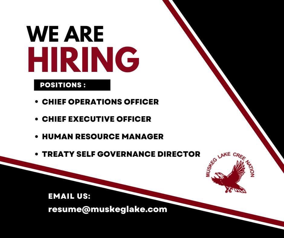 MuskegLake's tweet photo. Muskeg Lake is looking for community driven professionals to fill the following vacancies.  Please refer to our job hoard for more details and other opportunities:

https://t.co/EpAesVRtKq https://t.co/iFuHXQl9EO