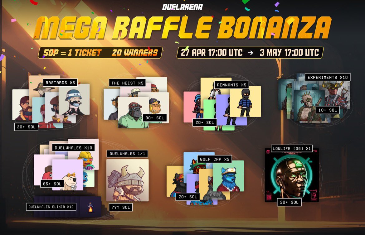 Announcing the single biggest raffle event on #Solana yet: Our Raffle Bonanza. We have 300+ SOL worth of NFTs + a 1/1 Duelwhales NFT to be raffled out. All you need to do to participate is generate points on our platform by winning hands. More info below 👇