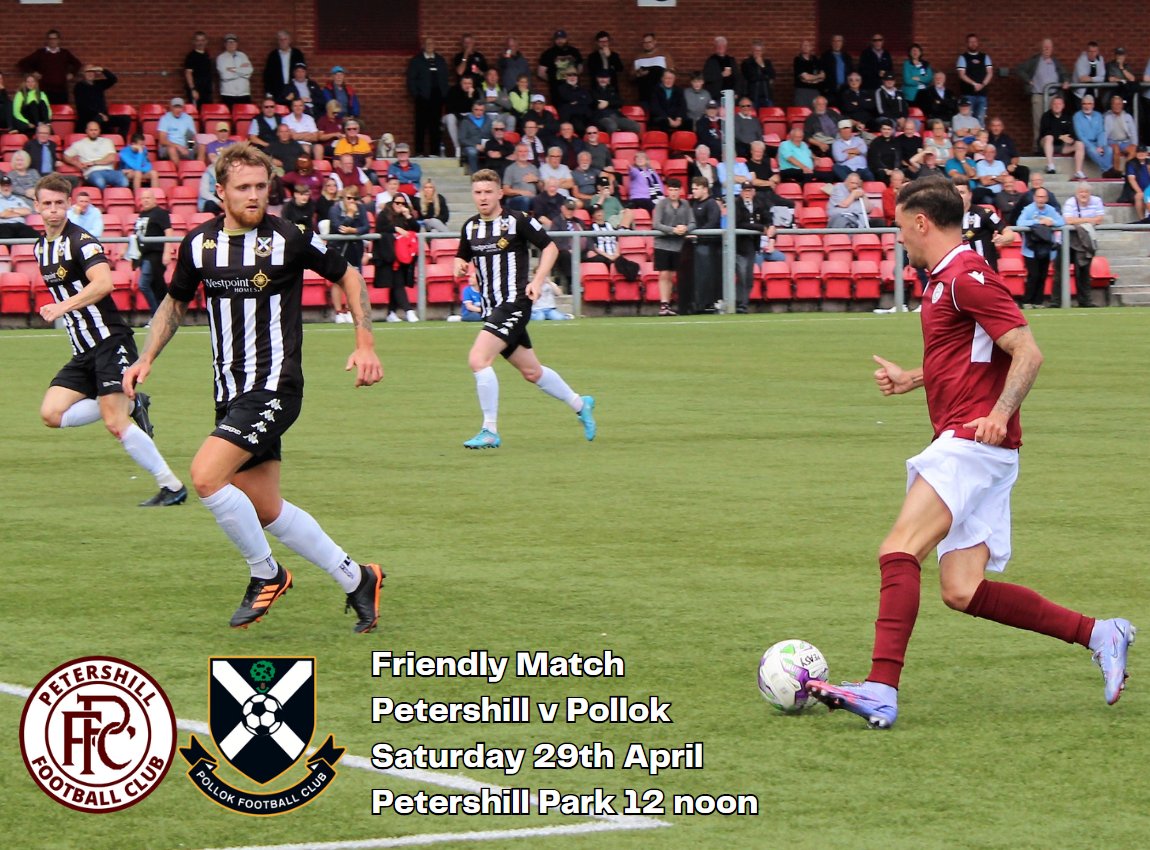 We host <a href="/pollokfc/">Pollok FC</a> at Petershill Park in a friendly match on Saturday with kick off at 12 noon. Admission is £2 per person.